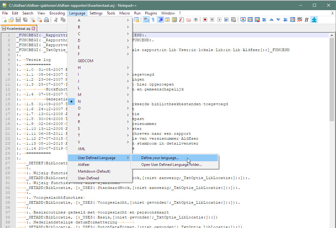 Notepad++ User Defined Language voor Aldfaer sjabloon
